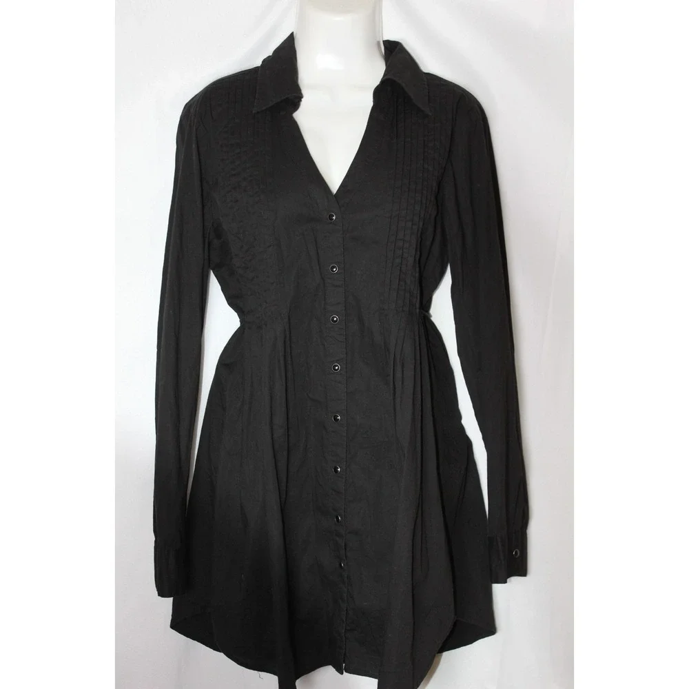Stetson Black Shirt Dress Western Rodeo Pintuck Button Front Fit Flare SZ Large - Picture 2 of 11